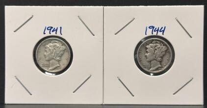 1941 & 1944 Mercury Dimes, 90% Silver, Philadelphia Mint, Winged Liberty Head
