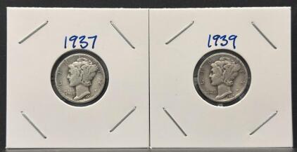 1937 & 1939 Mercury Dimes, 90% Silver, 10c, D Mint & Philadelphia, Circulated, Weinman Design