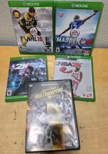 Mixed Lot: Xbox One Sports Video Games (NBA 2K21, NBA 2K20 Legend, Madden NFL 16, NHL 15) & NBA Champions 2017-2018 DVD/Blu-Ray
