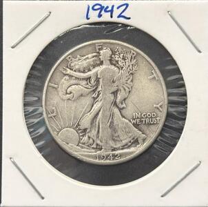 1942 Walking Liberty Half Dollar, 90% Silver, U.S. Coin, Circulated, Adolph Weinman Design