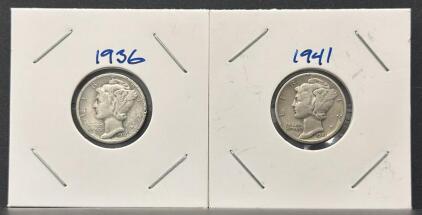 1936 & 1941 Mercury Dimes &ndash; 90% Silver, U.S. 10 Cents, Weinman Design, Circulated