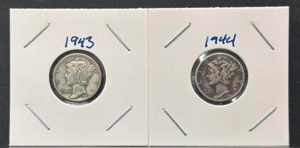 Mercury Dimes 1943-D and 1944, 90% Silver, Circulated, Adolph Weinman Design, U.S. 10&cent; Coins