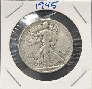 1945 Walking Liberty Half Dollar &ndash; 90% Silver, Philadelphia, Circulated, Weinman Design