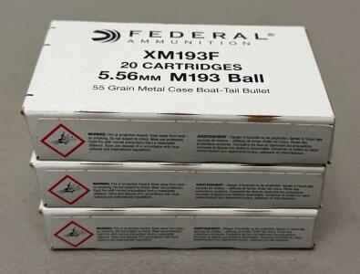 (3) 20 Round Boxes Of Federal XM193F 5.56mm NATO 55gr M193 Ball Rifle Ammunition