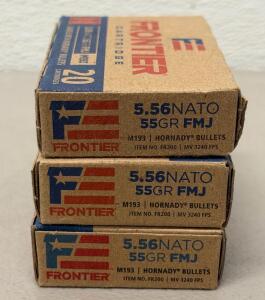(60) Rounds Of Hornady Frontier 5.56 NATO 55gr FMJ M193, Brass Case, Boxer Primed