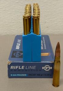 PPU Rifle Line 8mm Mauser 198gr FMJ BT, Box of 20 Cartridges, Brass Case
