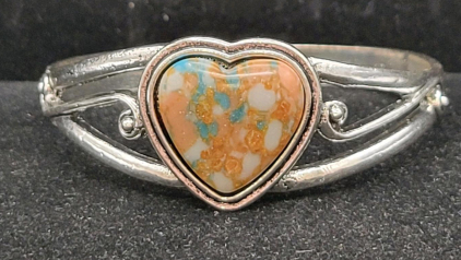 Heart-Shaped Multicolor Opal Simulated Stone Silver Cuff Bracelet, Artisan Style, 0.8 Inch Centerpiece