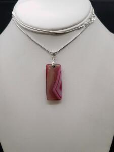 Sterling Silver Snake Chain Necklace with Rectangular Pink Agate Pendant, 18" Length