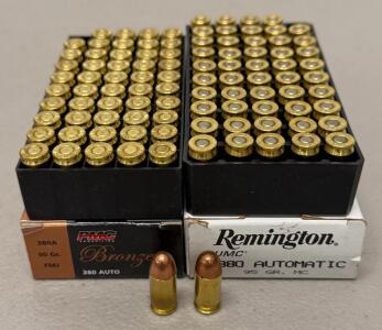 100 Rounds 380 ACP Ammo: PMC Bronze 90gr FMJ & Remington UMC 95gr MC &ndash; Brass Case