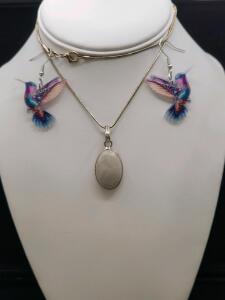 Gold-Tone Snake Chain Necklace with Oval Moonstone Pendant & Colorful Hummingbird Earrings Set