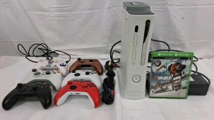 Xbox 360 Console Bundle w/ 5 Controllers, Skate 3, Power Supply, Cables, Star Wars R2-D2 Controller( unable to test/ no power cord)