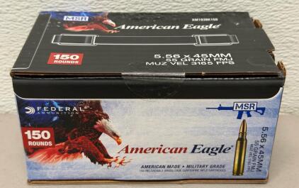 Federal American Eagle 5.56x45mm 55 Grain FMJ Brass Ammo, 150 Rounds, Military Grade, XM193BK150