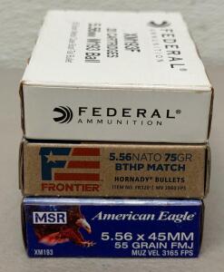 (60) Rounds Total Federal XM193F 5.56mm 55gr FMJ, Frontier 5.56 NATO 75gr BTHP, American Eagle XM193