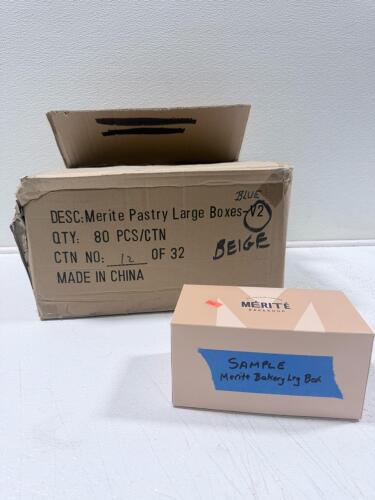 Merit&eacute; Bakeshop Large Pastry Boxes V2 Beige, 80 Count, Branded, 10"x7"x4", Carton #12