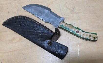 Custom Damascus Steel Fixed Blade Knife, 5.5" Blade, Micarta Handle, Leather Sheath, Mosaic Pin