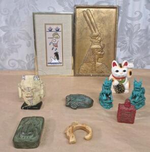 (1) 5" Stone Moasic Mask, (1) 4" Carved Egyptian Scarab & More