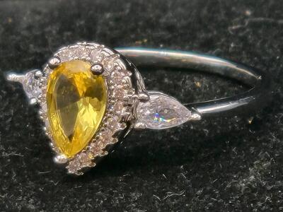 Amber Citrine Faceted Teardrop Ring, Size 9