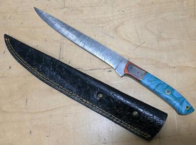 Custom Damascus Fixed-Blade Fillet Knife, Blue Resin Handle, Leather Sheath, Damascus Steel, Full Tang