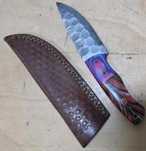 Custom Fixed Blade Knife with Damascus Steel Blade and Multicolored Resin Handle