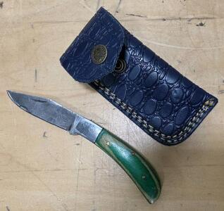 Damascus Pocket Knife, Green Wood Handle, 2.75" Blade, Black Patterned Leather Sheath