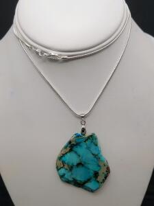 69.85ct Natural Aqua Blue Sea Sediment Jasper Gemstone Pendant 24" .925 Necklace