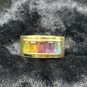 Wide Gold Band Ring with Five Multi-Colored Baguette Gemstones, Brushed Finish