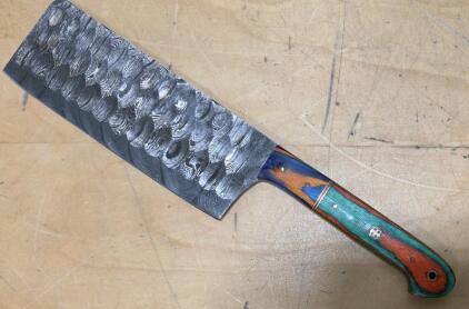 Damascus Steel Cleaver Knife, Hammered Pattern, Custom Multi-Colored Handle, 7" Blade