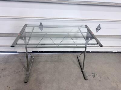 Glass Top Computer Desk With Metal Frame, 44" W x 22" D, Lower Shelf, Silver Finish