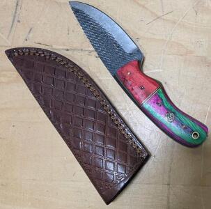 Custom Fixed Blade Knife, 3.5" Carbon Steel Drop Point, Mosaic Wood Handle, Leather Sheath