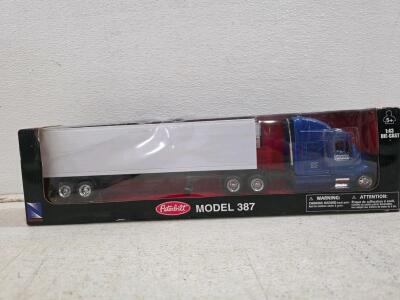 Peterbilt Model 387 1:43 Die-Cast Truck with Trailer by NewRay in Original Box, Blue/White