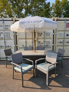 Outdoor Patio Dining Set &ndash; Table, 6 Wicker Chairs, Striped Umbrella, Weighted Base
