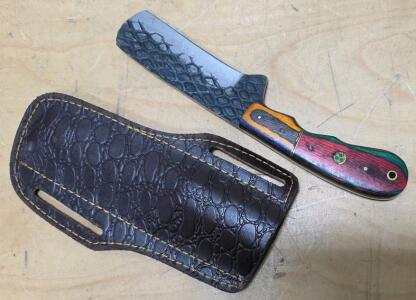 Custom Fixed-Blade Cleaver Knife, Textured Hammered Blade, Multicolor Wood Handle, Leather Sheath