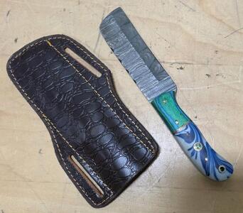 Custom Damascus Fixed-Blade Cleaver Knife, Mosaic Pin Handle, Leather Sheath, 4.5" Blade