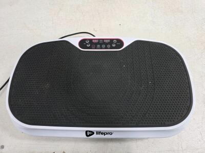 Working Lifepro Waver Vibration Plate Exercise Machine, No remote. Wooden Furniture-Style Pet Crate End Table with Working Power Outlets, USB Ports, Drawer, and Pink Bed