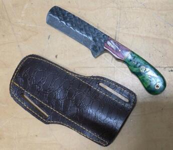 Handcrafted Fixed Blade Knife, Hammer-Forged Cleaver, Custom Wood & Resin Handle, Leather Sheath