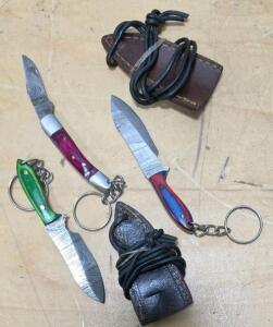 Set of 3 Miniature Damascus Keychain Knives with Leather Sheaths