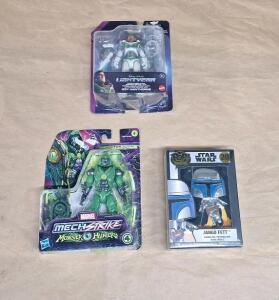 (1) Marvel Mech Strike Dr. Doom Action Figure, (1) Funko Pop Jango Fett Enamled Pin & (1) Disney Pixar Lightyear Izzy Hawthorne Action Figure