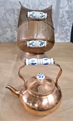 (1) Ceramic Handled Copper Coal Bucket & (1) Ceramic Handled Copper Teapot