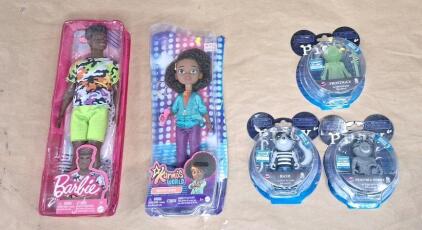 (1) Barbie Ken Fashionistas Doll #183, (1) Mattel Karma's World - Karma Grant Fashion Doll & (3) Piggys Series 3 Action Figures