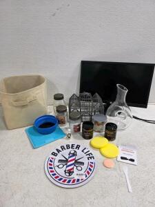Powers on HP 21.5" Monitor, Glass Decanter, Metal Basket, Leather & Vinyl Balms, Decor Sign, Jars, Pet Items