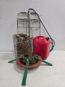 Utility Lot: Propane Weed Burner, Tree Stand, 6 Gal Gas Can, Metal Jerry Can, Folding Walker