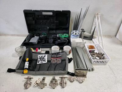 Working Hitachi DS18DVF3 18V Cordless Drill Driver Kit, Soft Close Cabinet fixtures, and floating shelves items