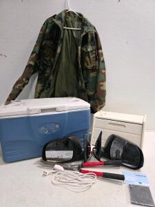 Coleman 48 Quart Chest Cooler, Set of side Mirrors, Hedge Trimmers, Military Jacket
