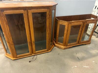 Lighted Oak Corner Curio Display Cabinets with Glass Doors, Mirrored Panels, Brass Hardware, Pair
