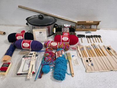 Large Mixed Lot: Craft Smart & Red Heart Yarn, Knitting/Sewing Tools, Brush Set, working 7 Qt Crock-Pot