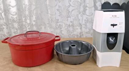 (1) Martha Stewart Collection Enameled Cast Iron Dutch Oven, 8-Quart, (1) Bundt Cake Pan & (1) MR Coffee Iced Tea Maker