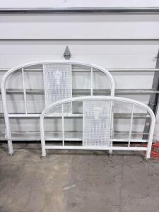 Antique White Metal Twin Bed Frames with Cane Panels and Decorative Relief