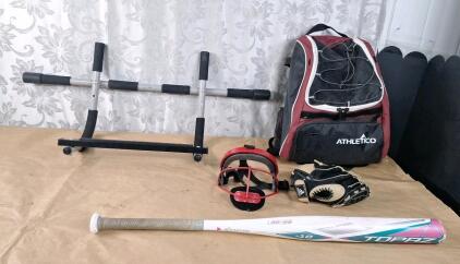 (1) Doorway Pull-Up Bar, (1) Baseball Gear Backpack, (1) Easton Topaz 32" Aluminum Softball Bat, (1) Adidas Baseball Glove & (1) Catchers Mask