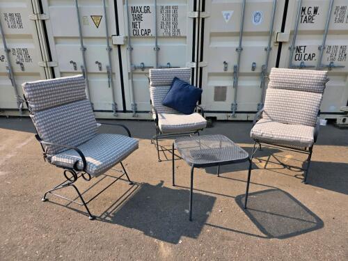 Metal Mesh Patio Set &ndash; 3 Spring Armchairs, Mesh Side Table, Cushions &ndash; Black Frame, Gray/White Pattern