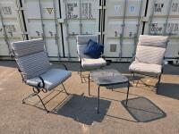 Metal Mesh Patio Set &ndash; 3 Spring Armchairs, Mesh Side Table, Cushions &ndash; Black Frame, Gray/White Pattern